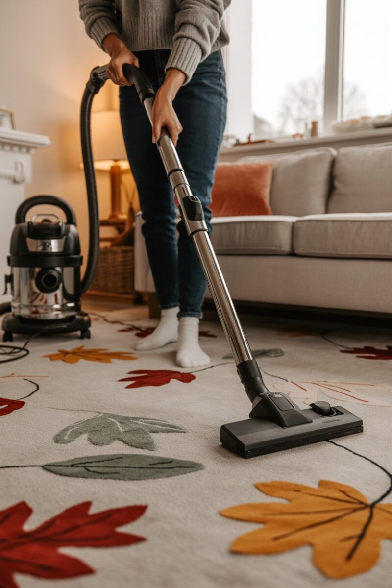 Person deep cleaning a carpet with a vacuum cleaner in a cozy living room.