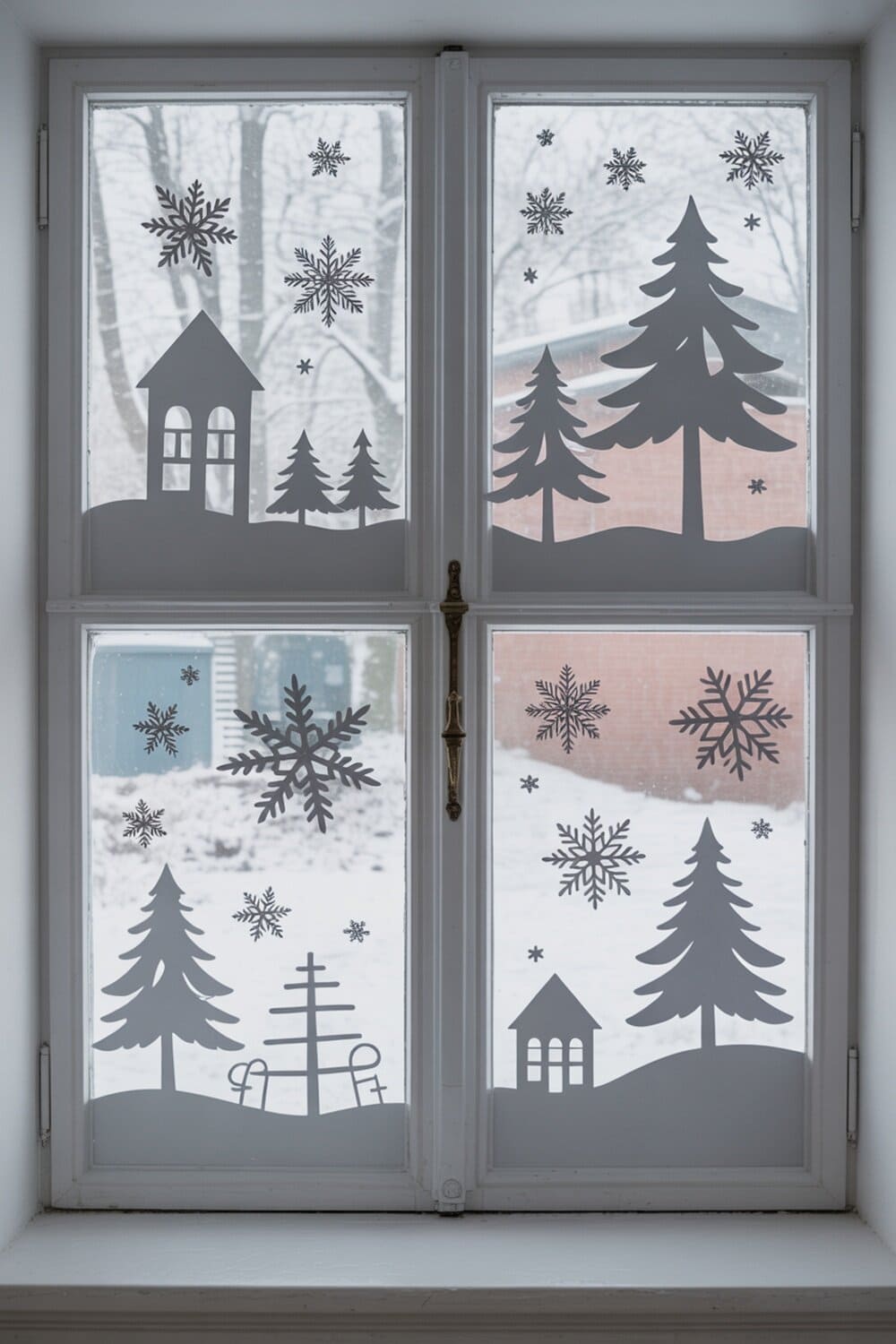 A window decorated with paper cutouts of snowflakes, trees, and a house, creating a winter wonderland scene.