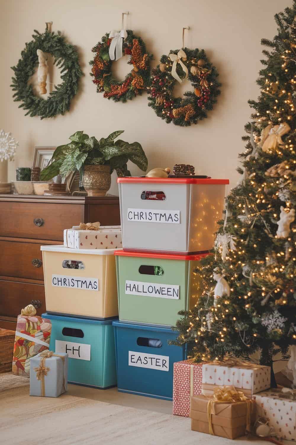 Storage bins labeled for Christmas, Halloween, and Easter, organized in a cozy room with holiday decor.