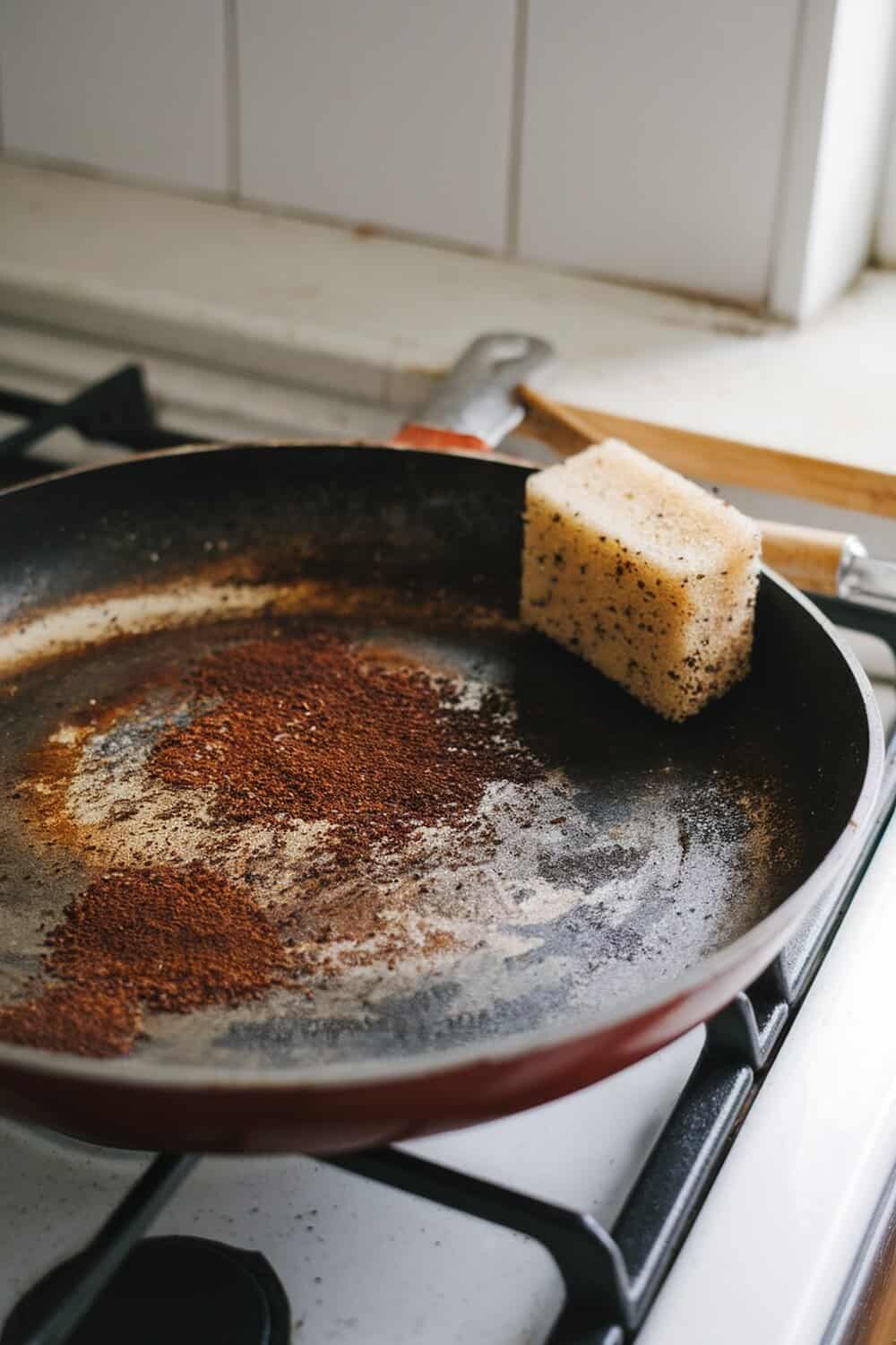 A burnt pan with coffee grounds and a sponge on the stove.
