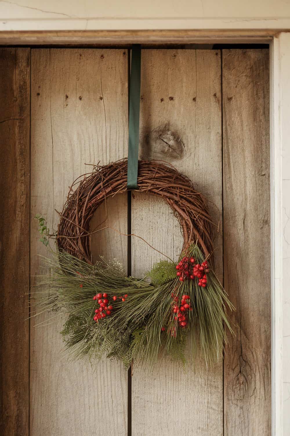 A natural wreath made from twigs, pine branches, and red berries, hanging on a wooden door.