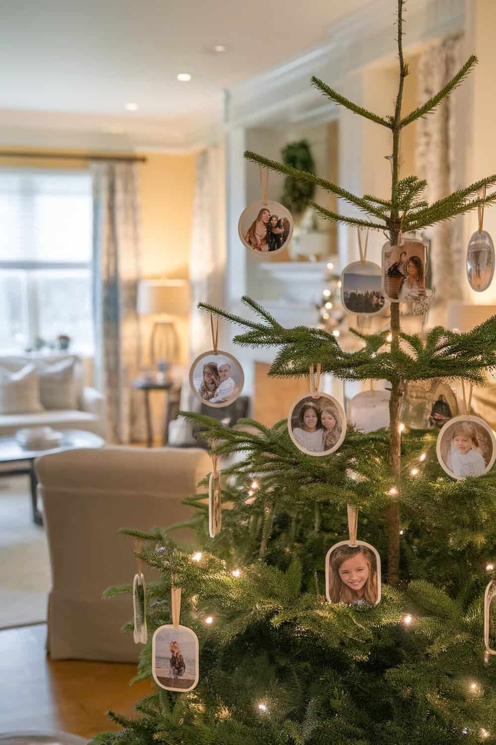 A Christmas tree decorated with personalized photo ornaments showing happy moments.