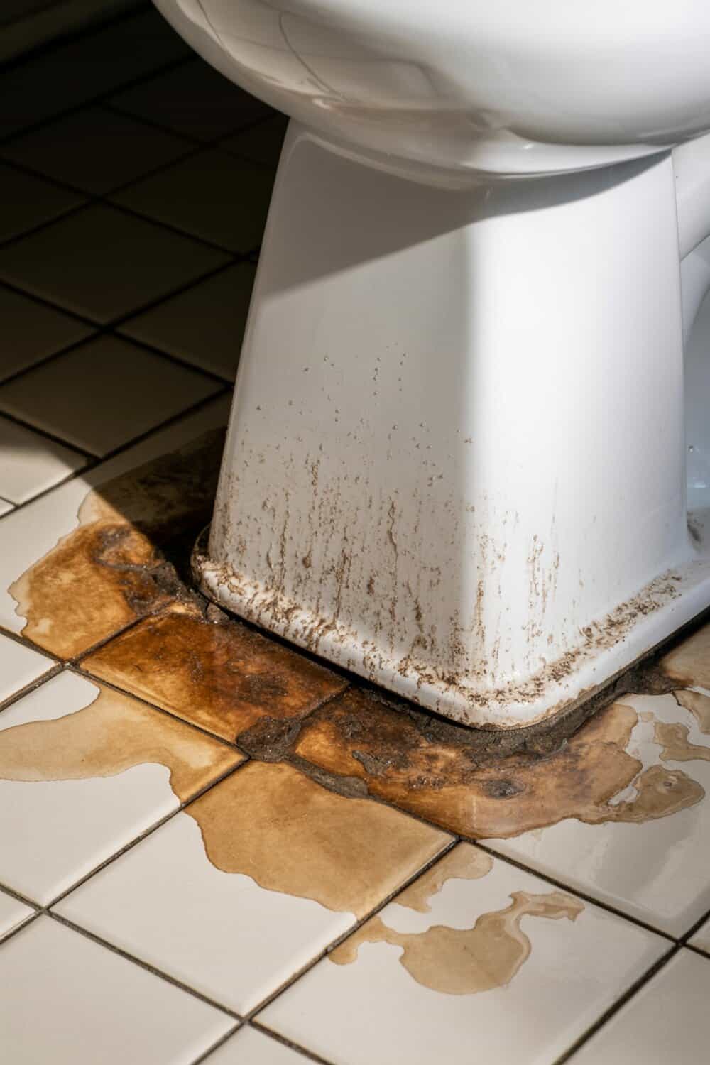 A close-up view of a dirty toilet base with stains and grime on the floor.