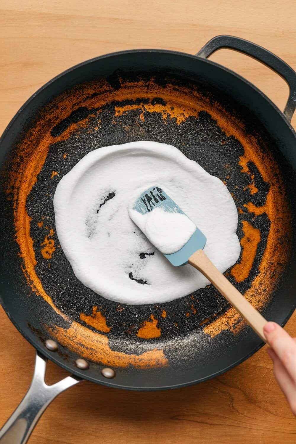 A burnt pan with baking soda paste being applied with a spatula.