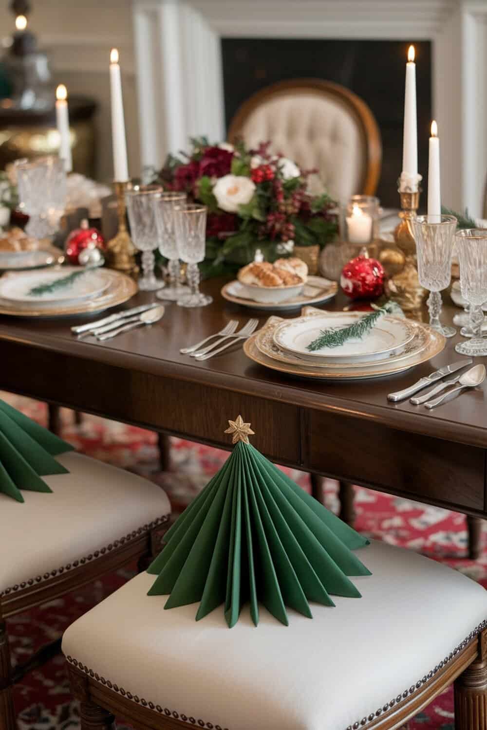 Christmas-themed napkin folding with green napkins shaped like trees on a dining table.