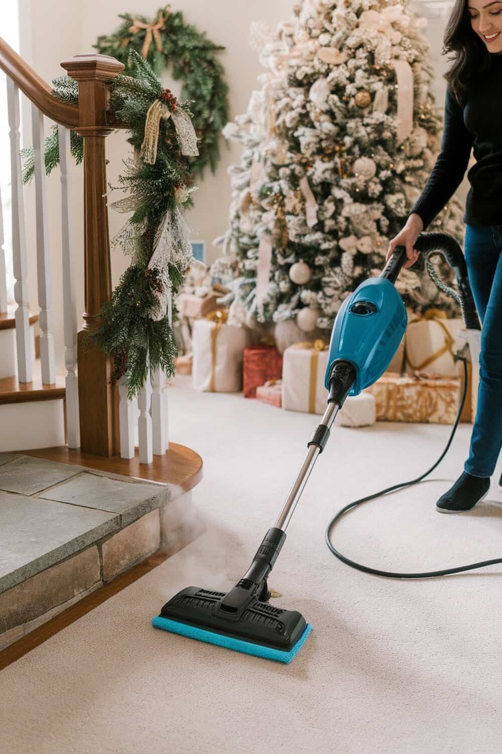 A person using a steam cleaner on carpet near a decorated Christmas tree.