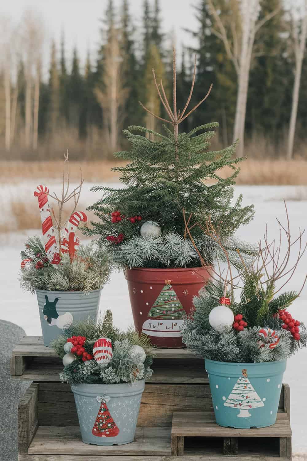 Colorful flower pots decorated for Christmas with greenery and ornaments.