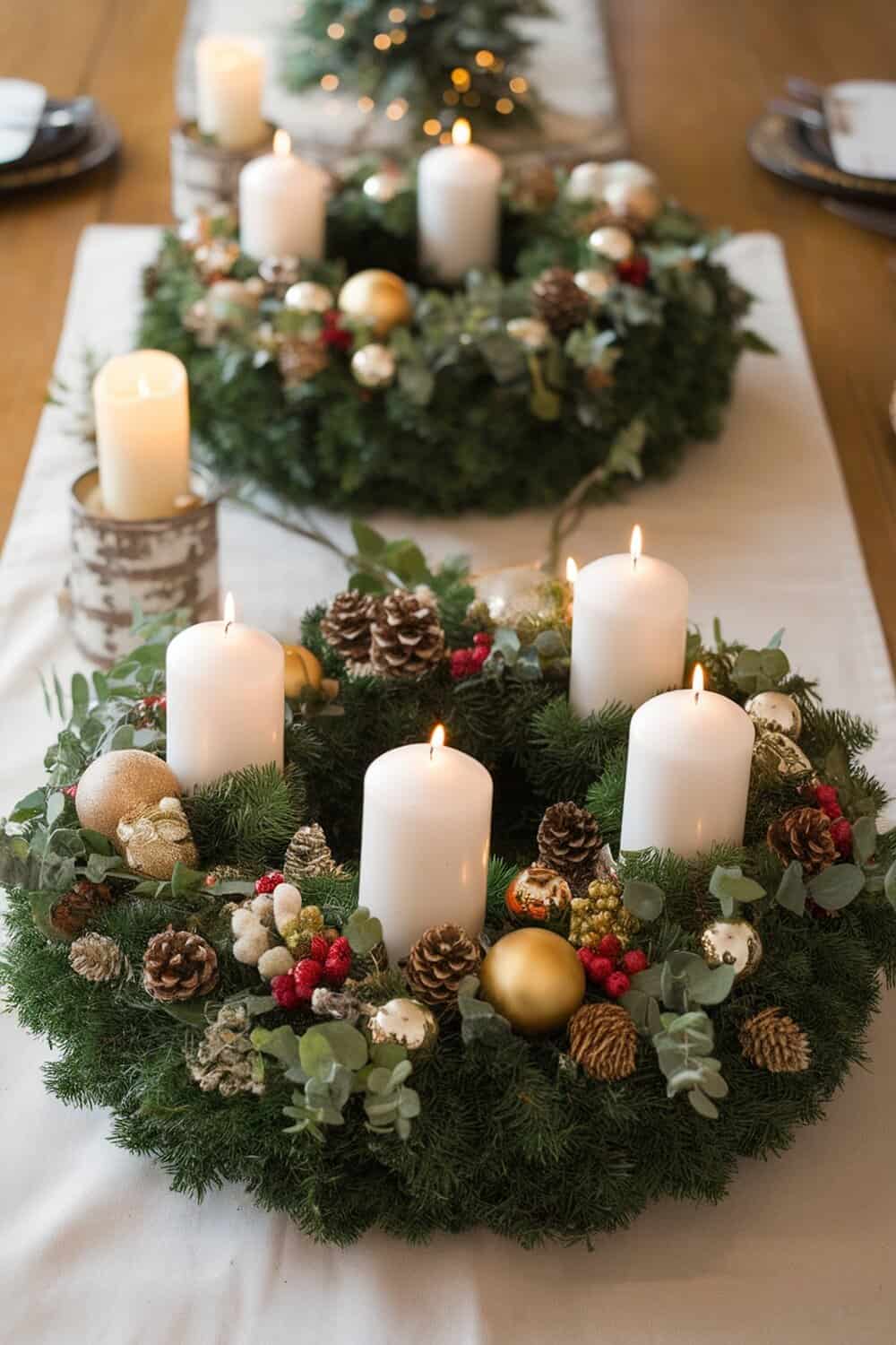 A beautifully decorated Christmas wreath with candles and ornaments on a table.