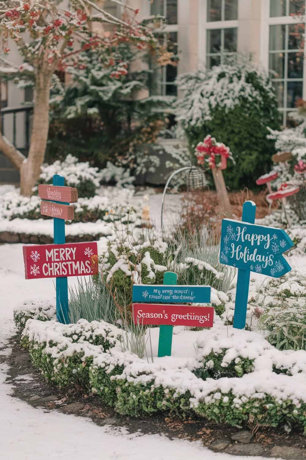 Colorful DIY holiday signs in a snowy garden setting.