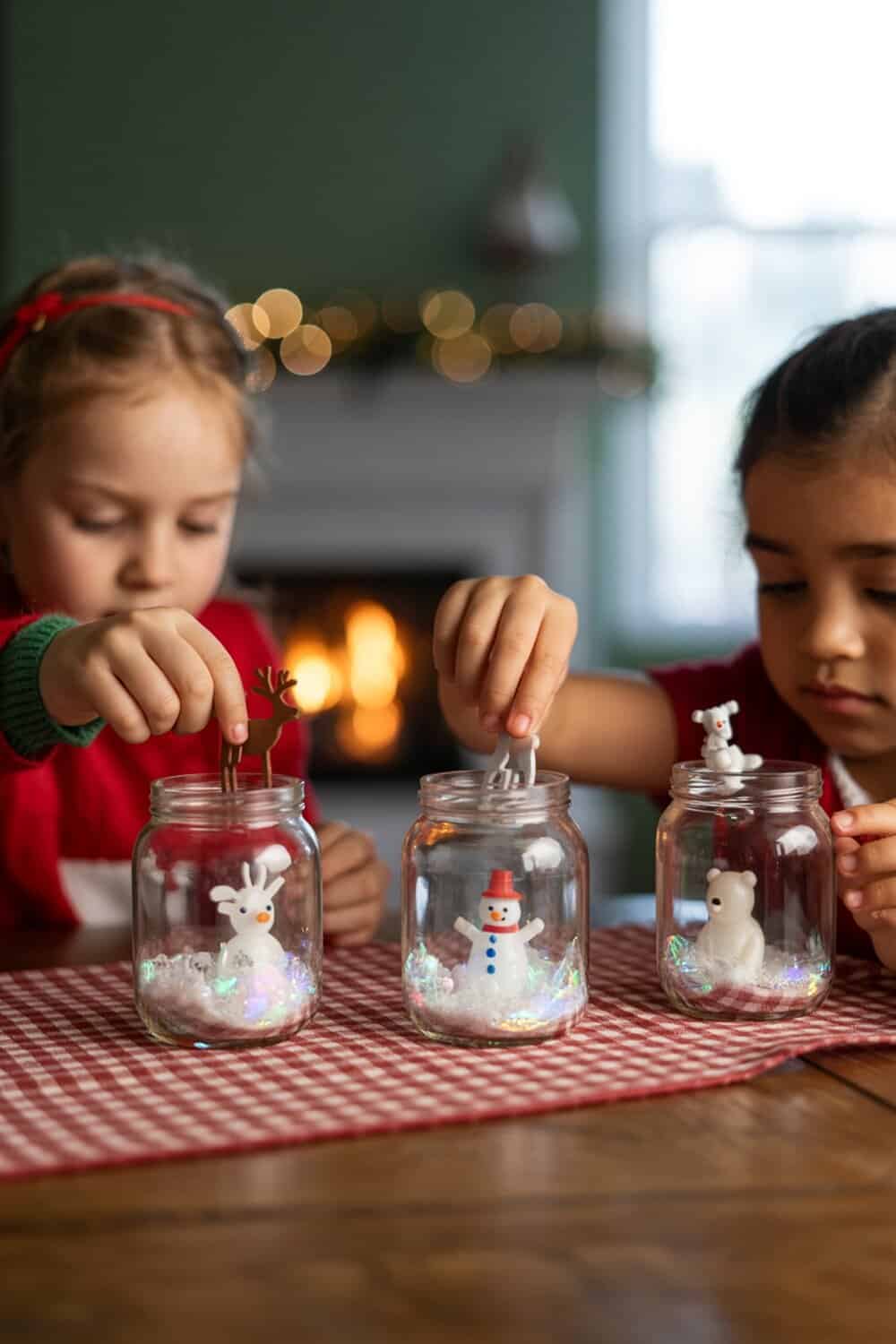 Children making DIY snow globes with jars and small toys.