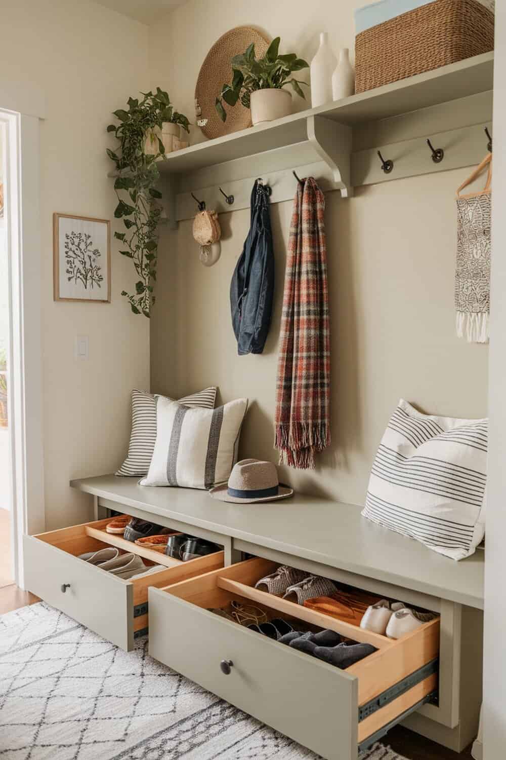 A stylish mudroom bench with storage drawers, featuring decorative pillows and hanging items.