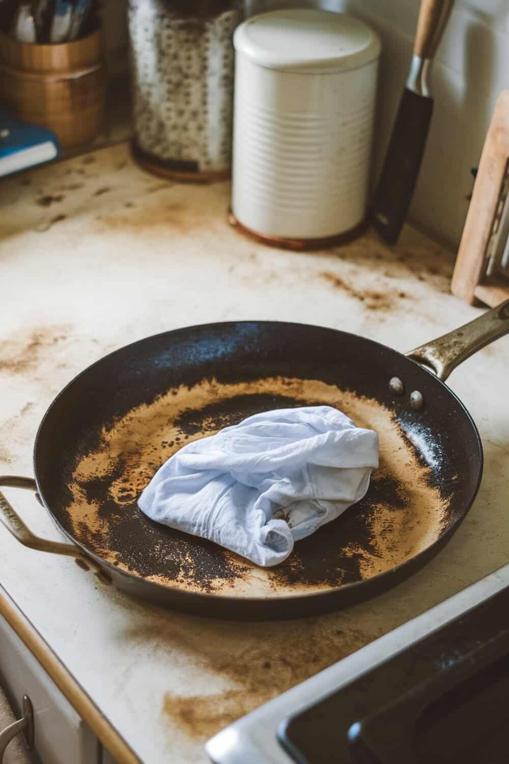 A burnt pan with a dryer sheet inside, resting on a kitchen counter.