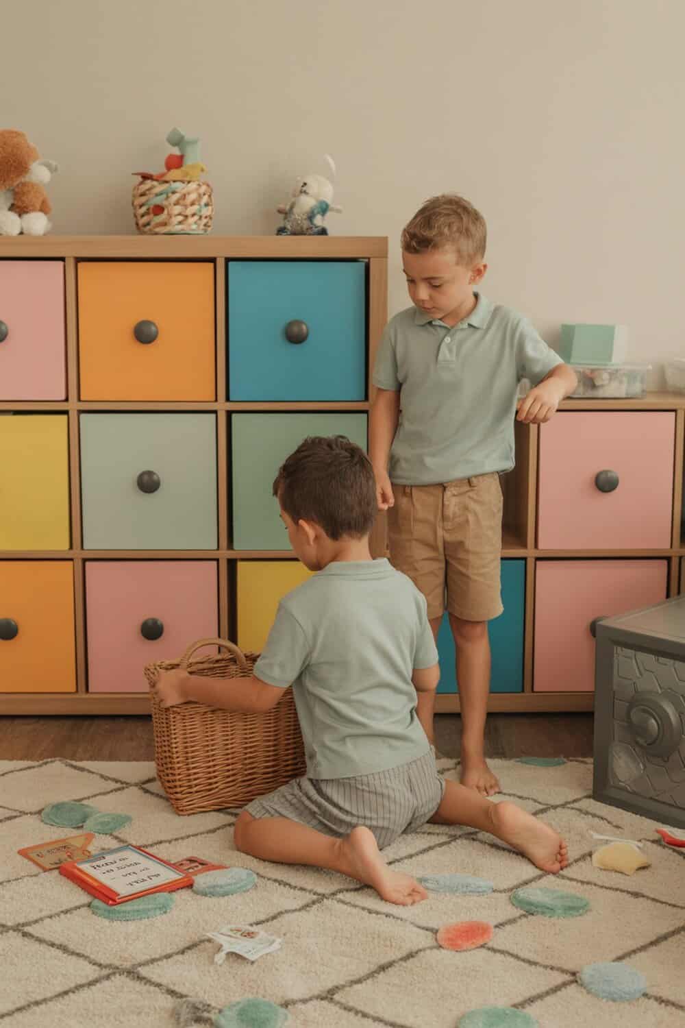 Two children organizing colorful storage boxes in a playful room.