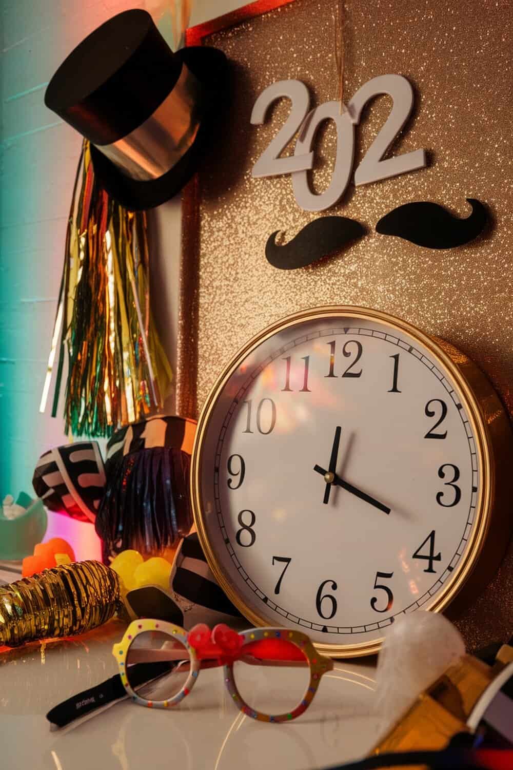 A collection of New Year’s photo booth props including a clock, glittery decorations, and fun glasses.