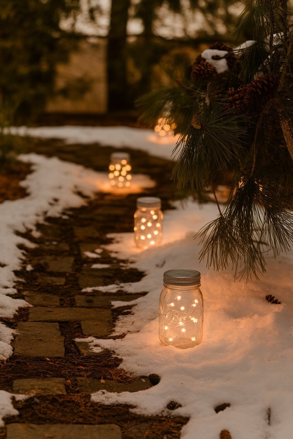Mason jar lanterns glowing along a snowy path