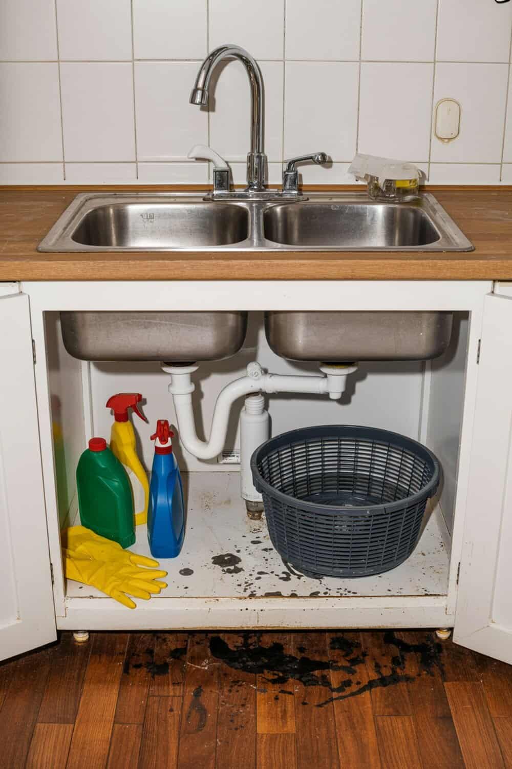 A cluttered under-sink area with cleaning supplies and stains.