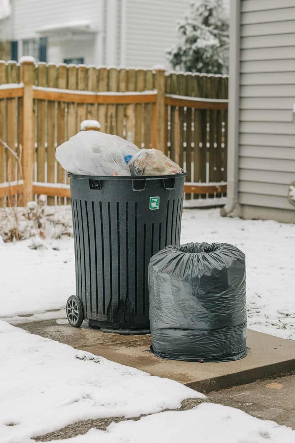 Heavy-duty trash bags next to a trash can in a snowy outdoor setting.