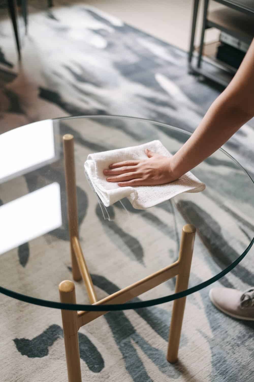 A person cleaning a glass table with a cloth.