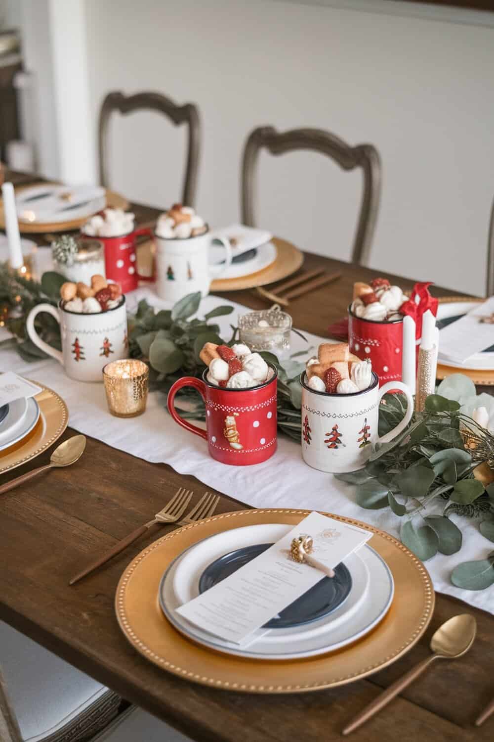 A beautifully set Christmas table featuring holiday mugs filled with treats, surrounded by greenery.