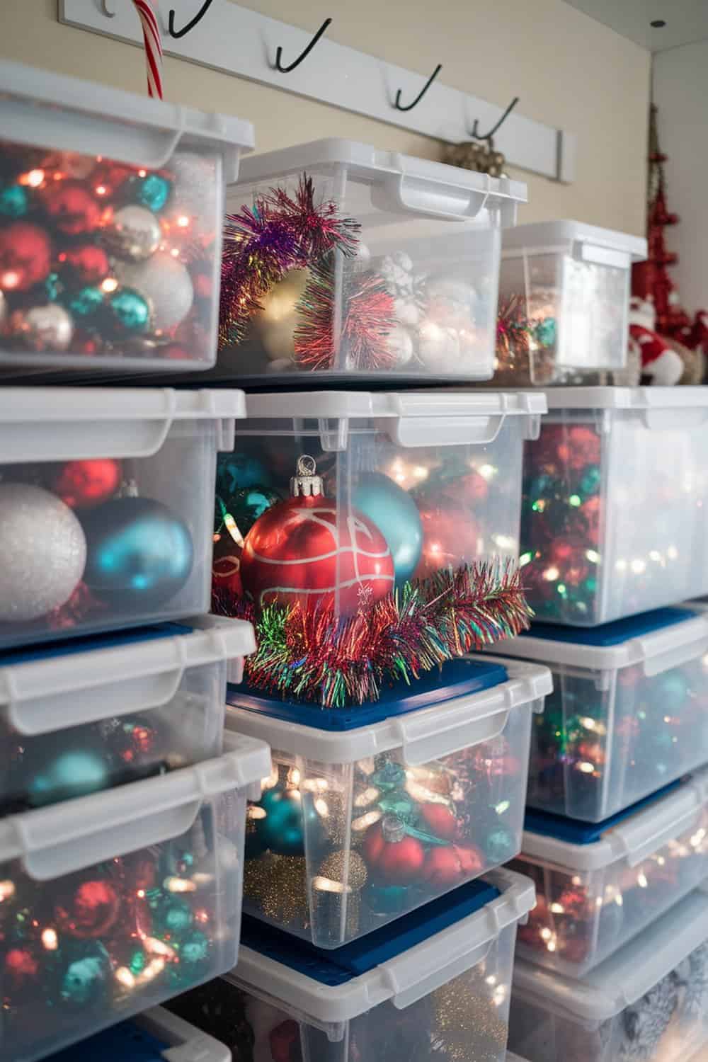 Stacked clear storage bins filled with colorful Christmas ornaments and decorations.