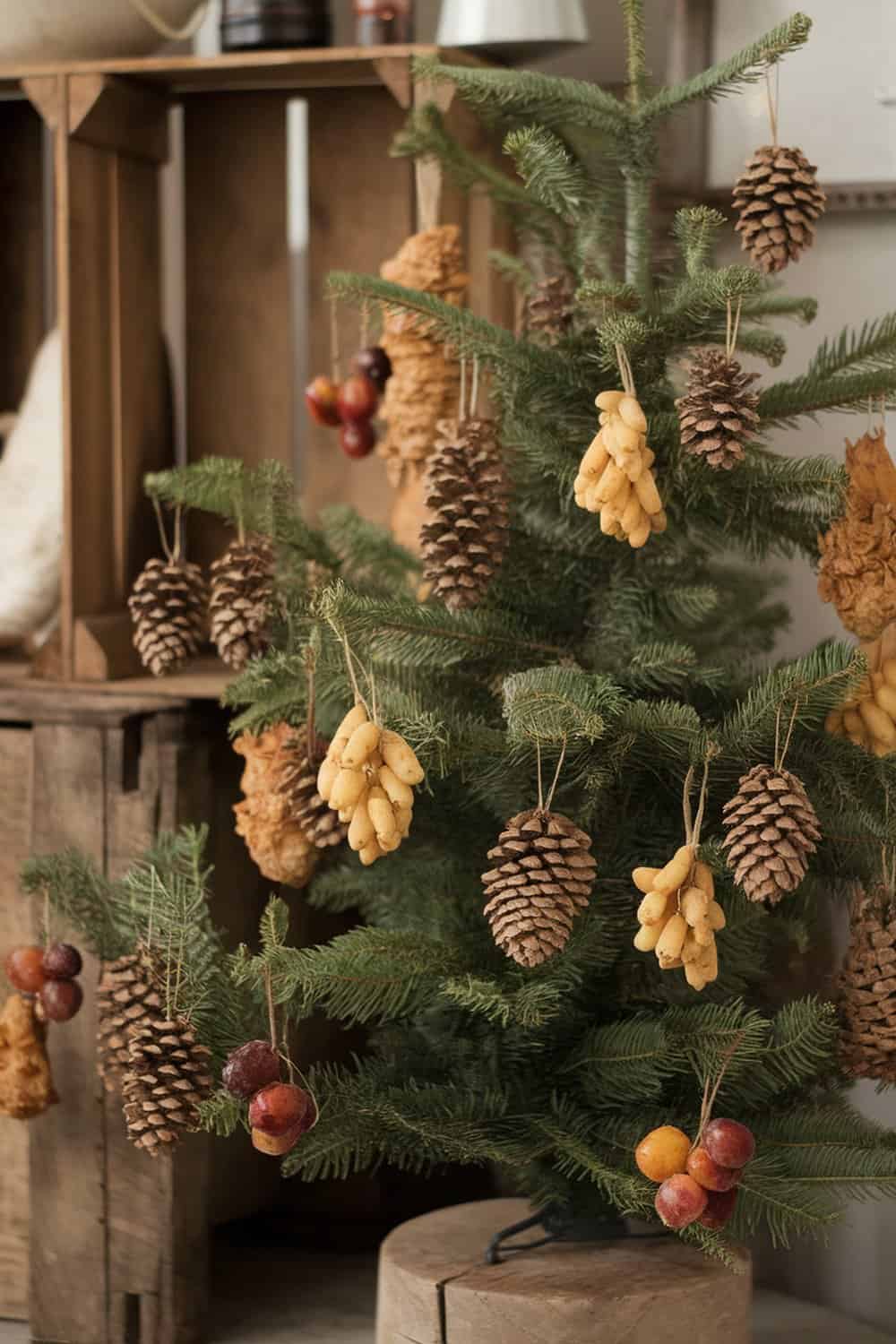 A Christmas tree decorated with pinecones and dried fruits.