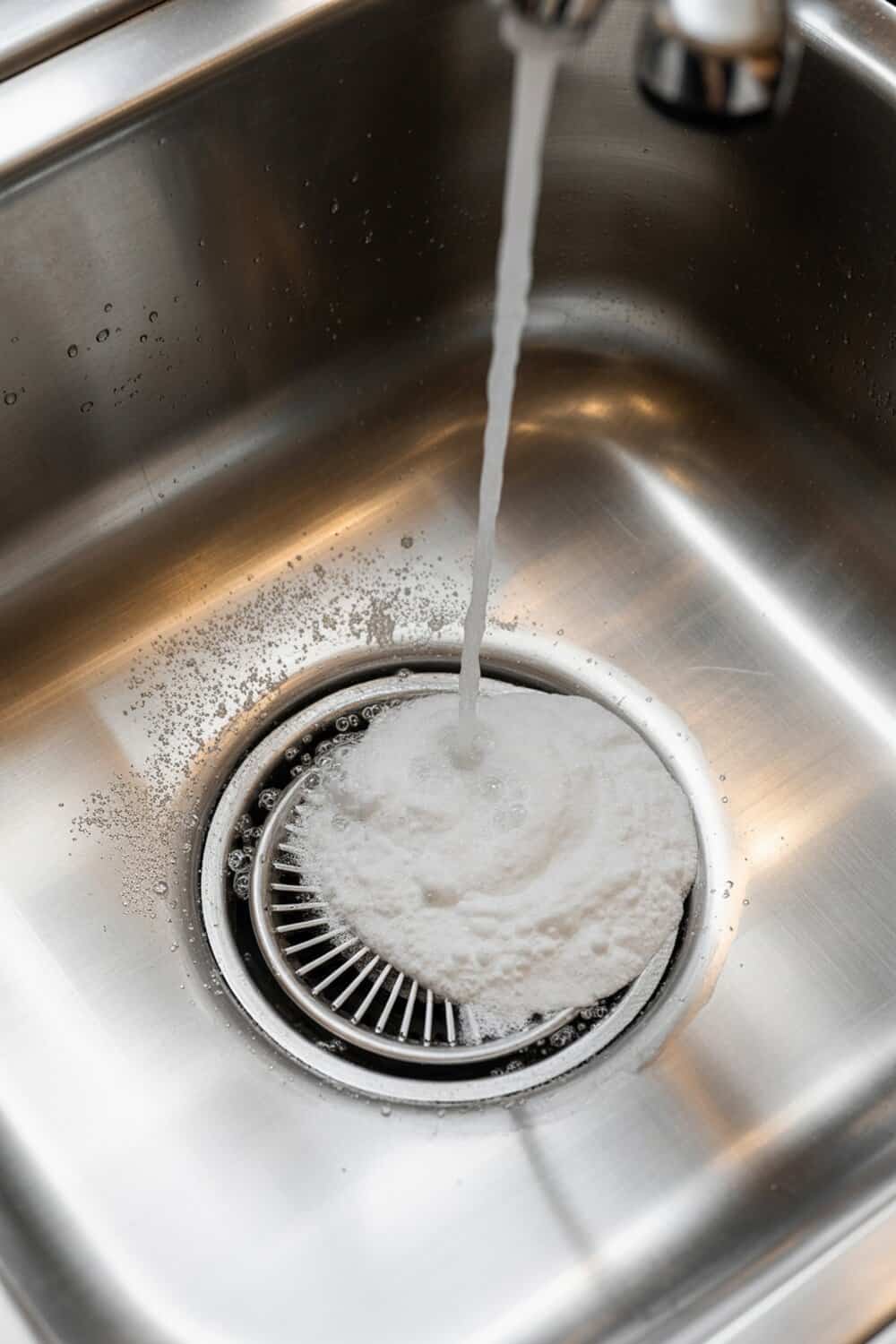 A sink with bubbling baking soda and vinegar mixture.