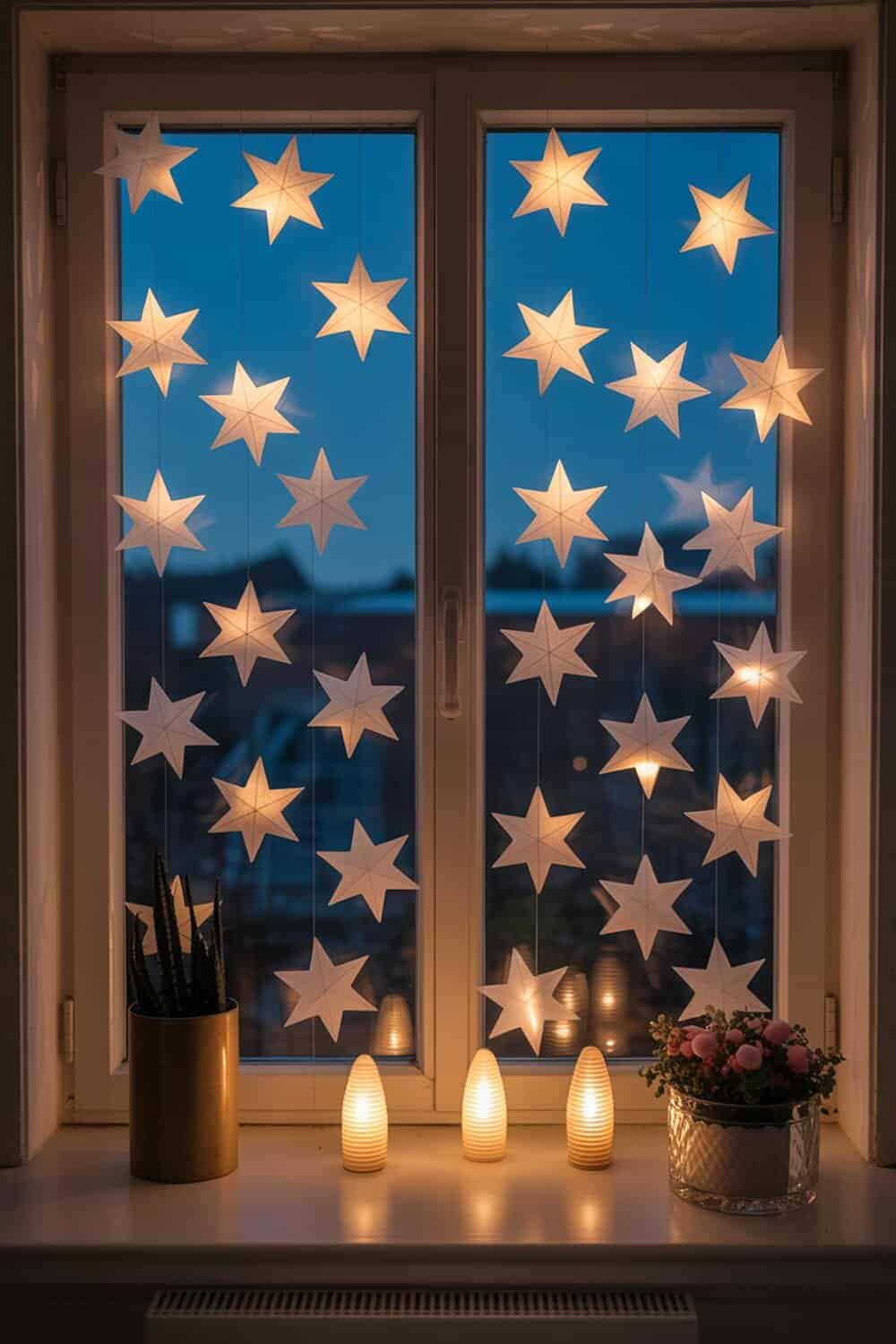A window decorated with glowing paper stars, creating a starry night effect.