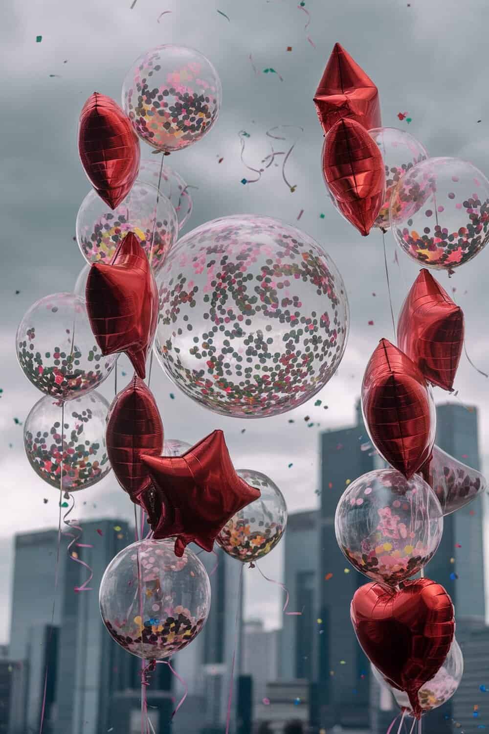 Colorful confetti balloons with red star and heart shapes, floating against a cloudy sky.