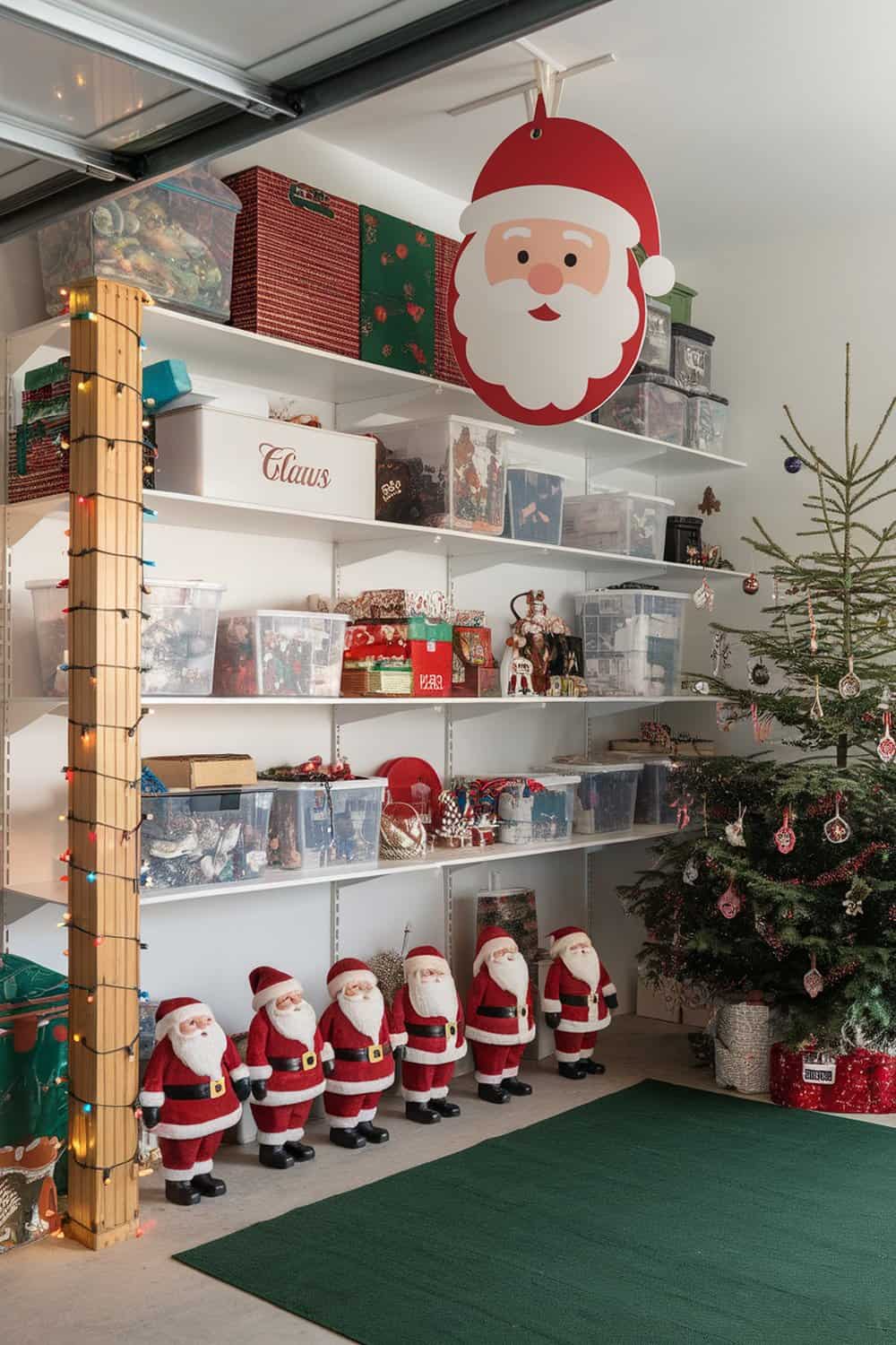 A well-organized Christmas storage area with labeled bins and festive decorations.