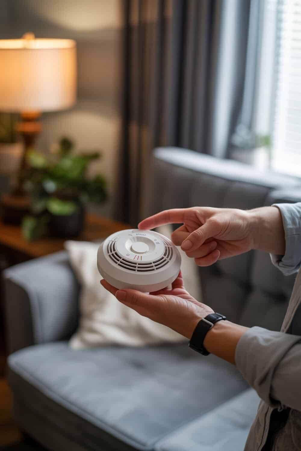 A person testing a smoke detector in a cozy living room.