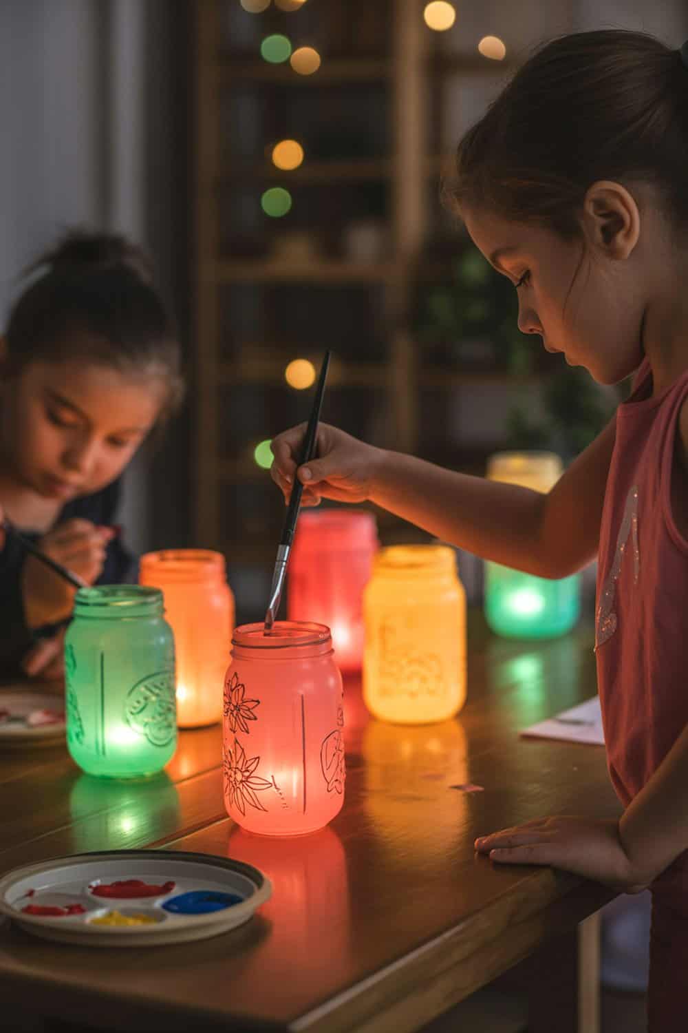 Children painting colorful mason jars for holiday lanterns
