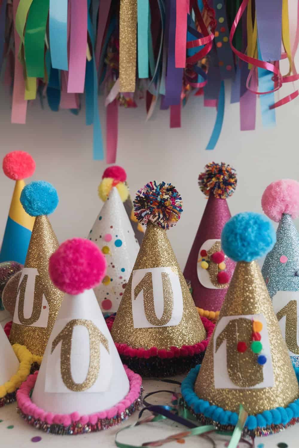 Colorful DIY party hats decorated with glitter and pom-poms.