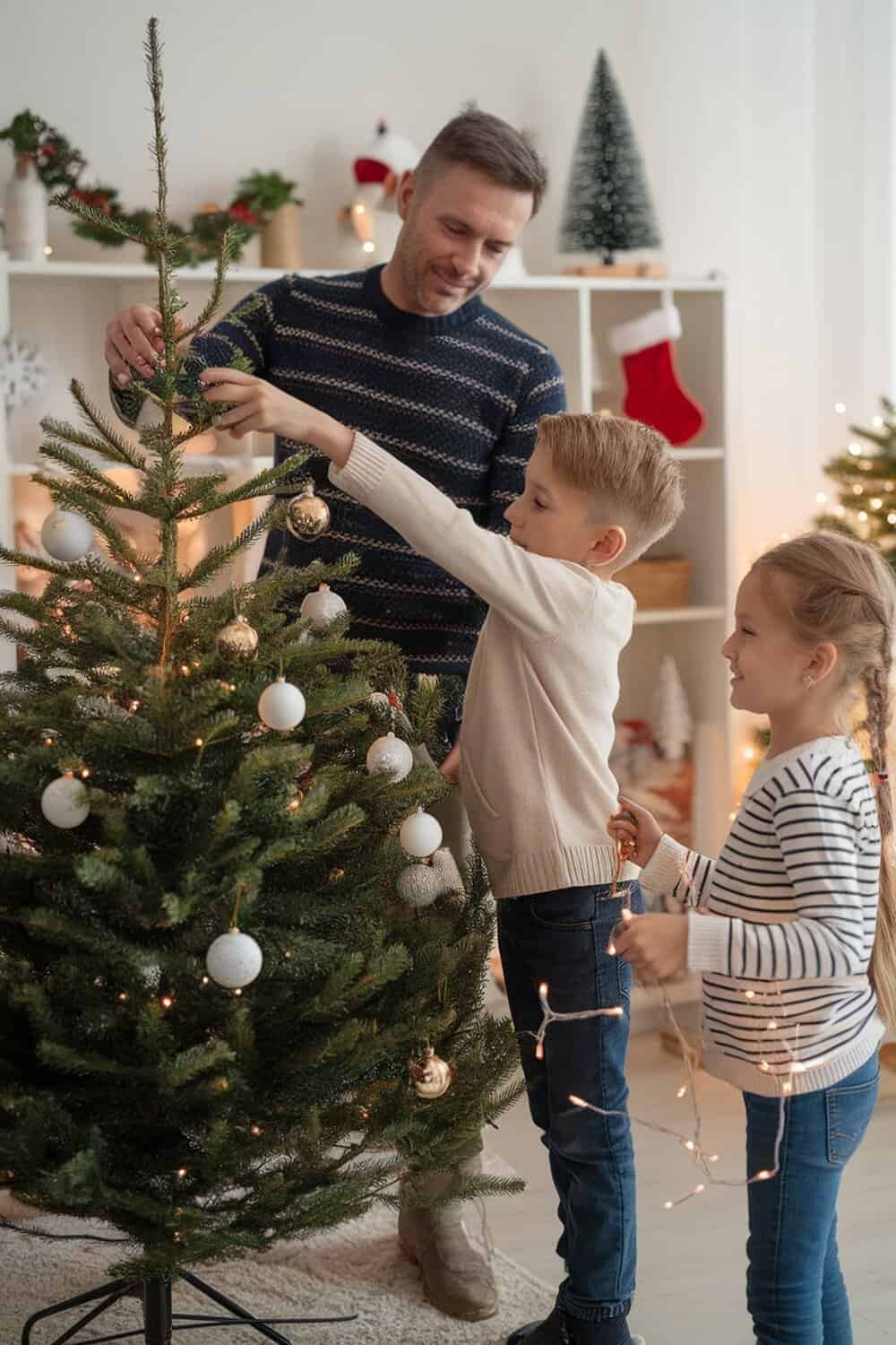 A family decorating a Christmas tree together.