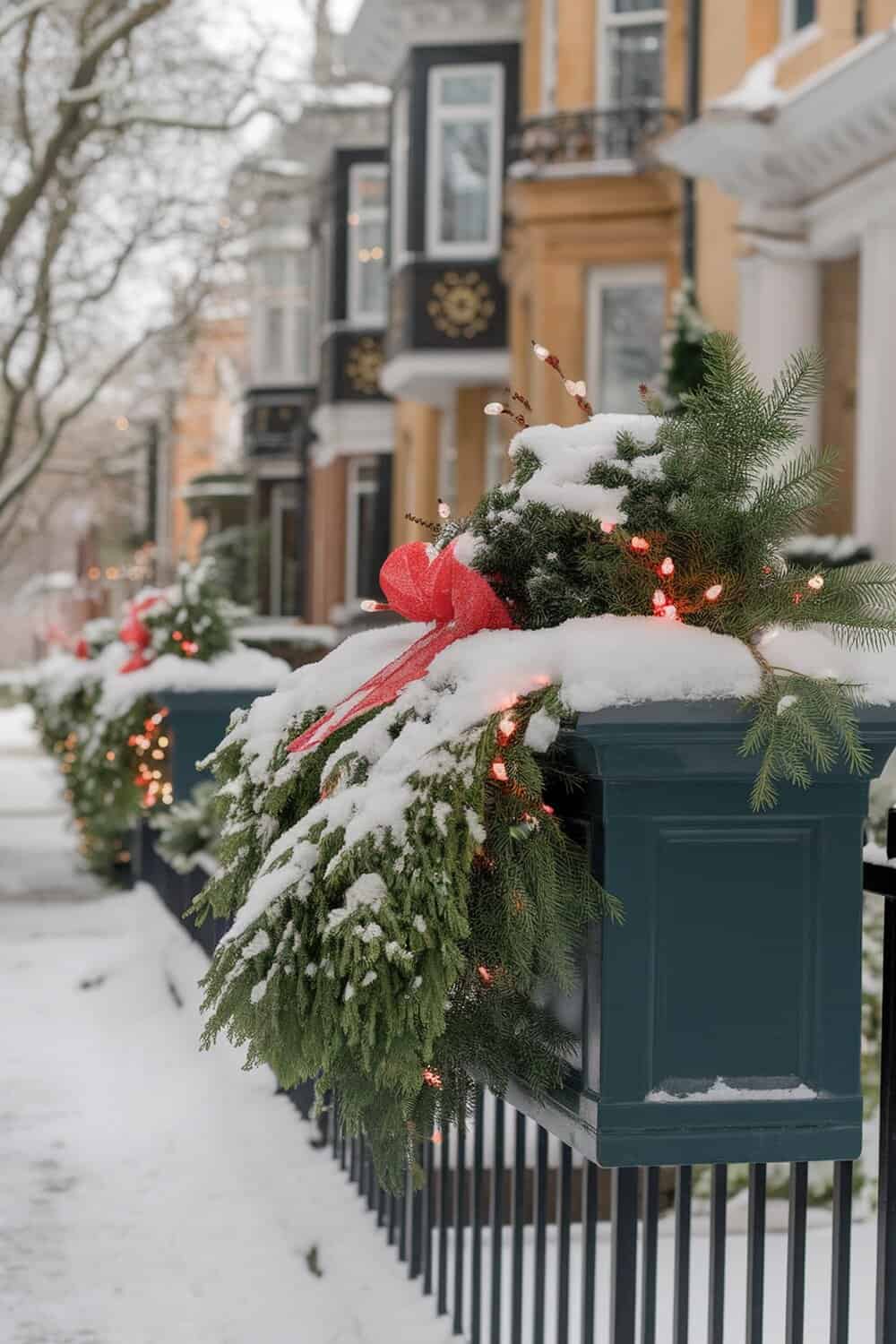 Decorated window boxes with evergreen branches, lights, and red bows in a snowy setting.