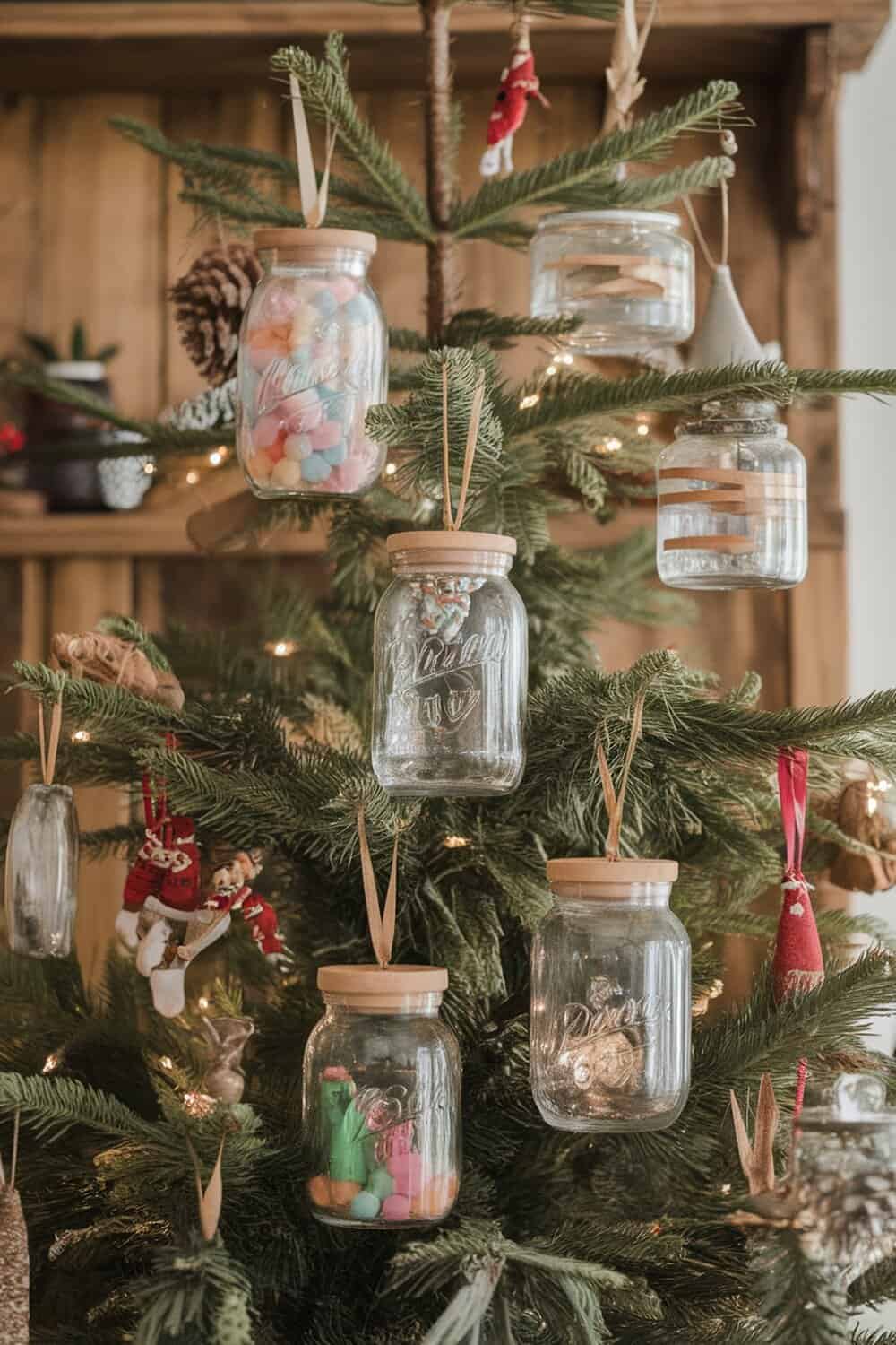 Christmas tree decorated with upcycled glass jars filled with colorful items.