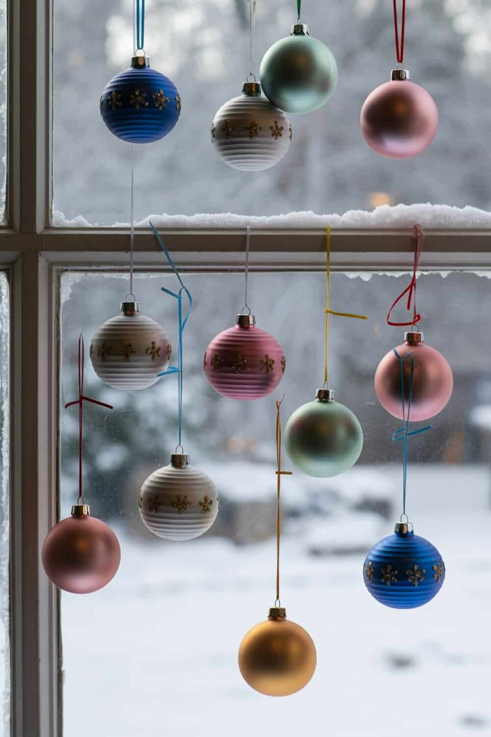 Colorful Christmas ornaments hanging in a window with snow outside.