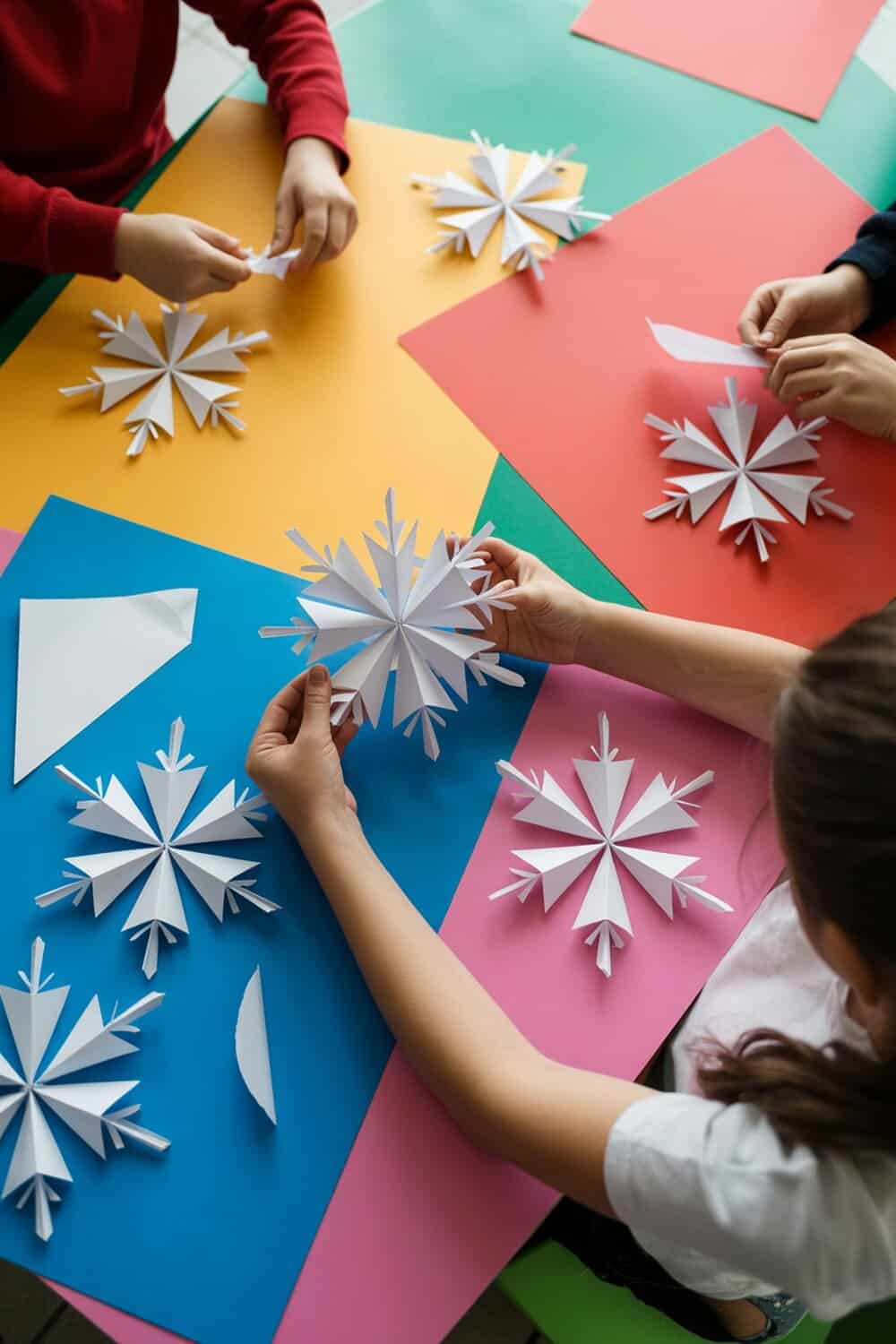 Children creating paper snowflakes on colorful paper