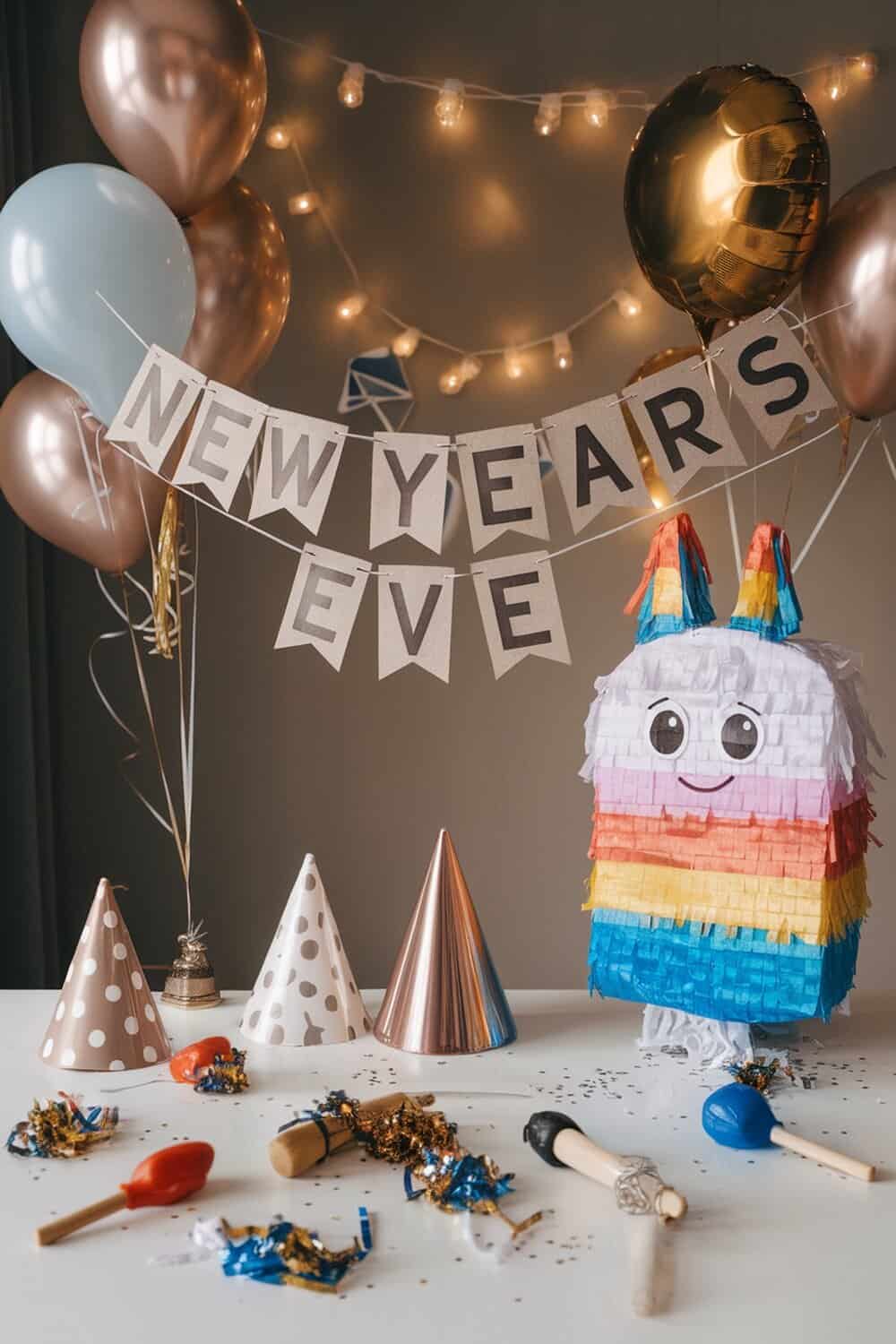A festive New Year's Eve setup with a colorful piñata, party hats, and decorations.