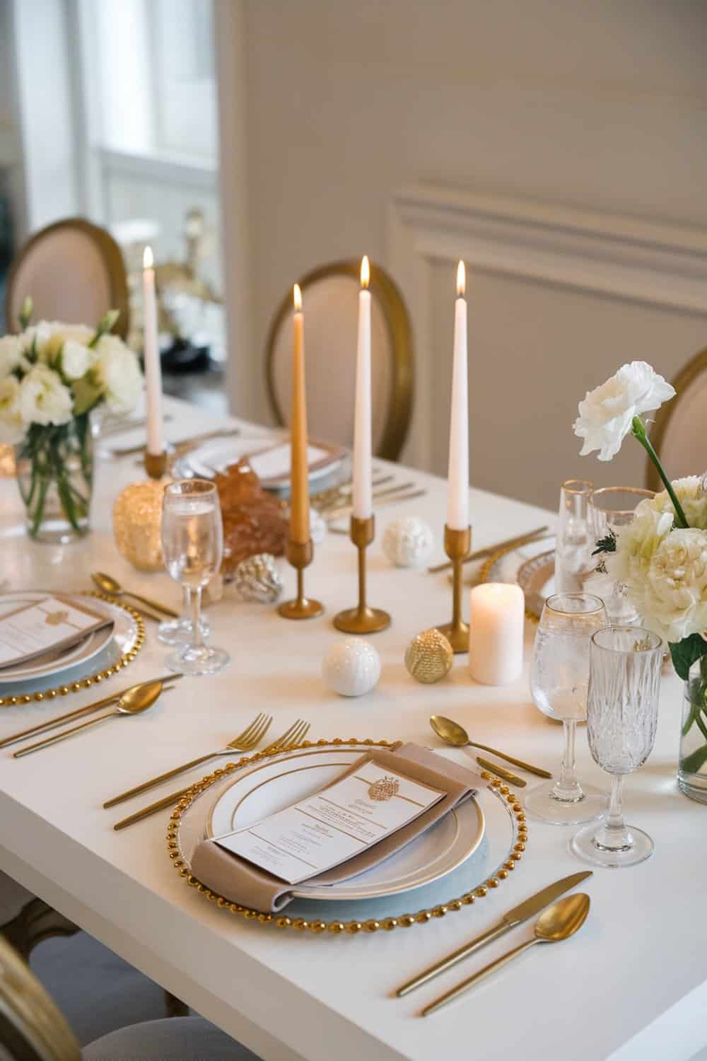 A beautifully set Christmas table featuring gold and white decorations.