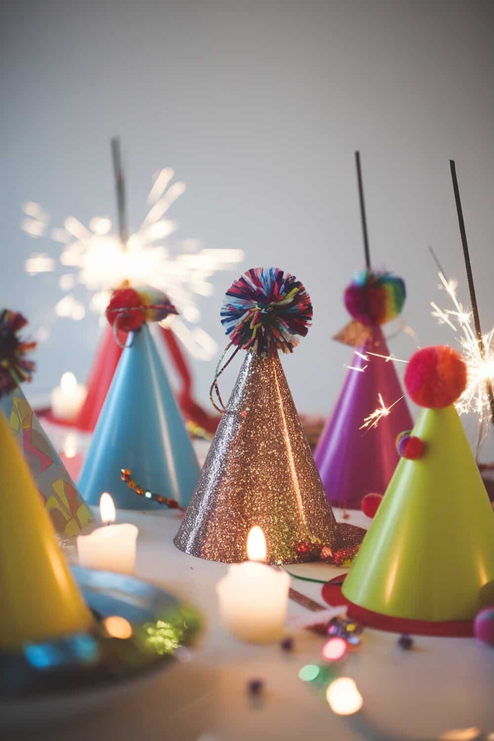 Colorful party hats with glitter and pom-poms for New Year's Eve celebration.