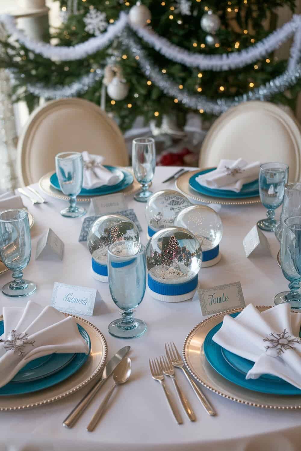 A beautifully set Christmas table featuring DIY snow globes as table favors.