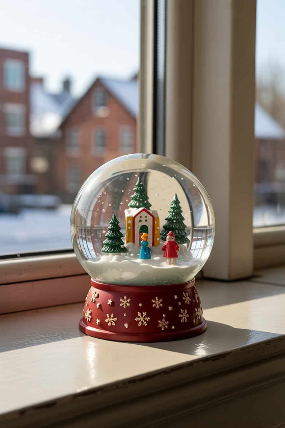 A colorful snow globe featuring a winter scene with trees and figurines.