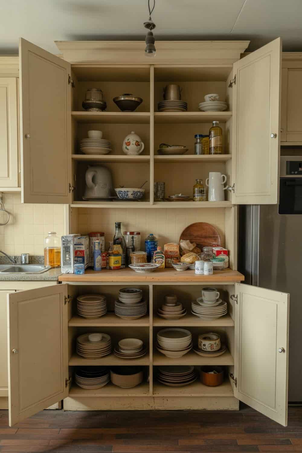 Interior of kitchen cabinets filled with dishes, jars, and food items.