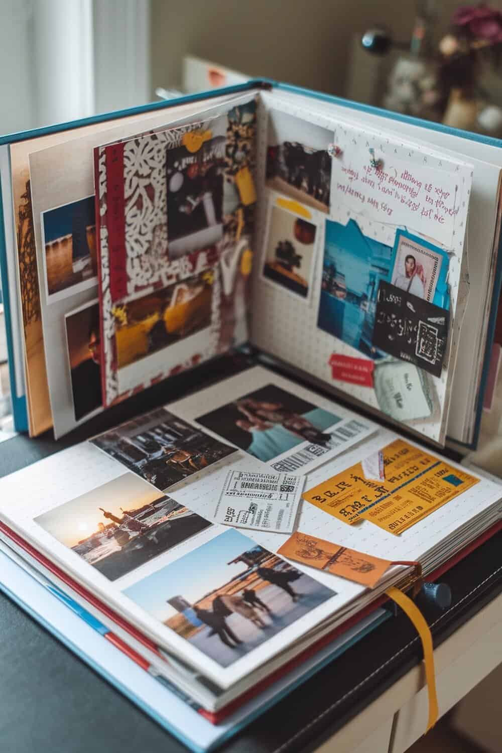 A scrapbook filled with photos, tickets, and mementos from New Year's Eve celebrations.