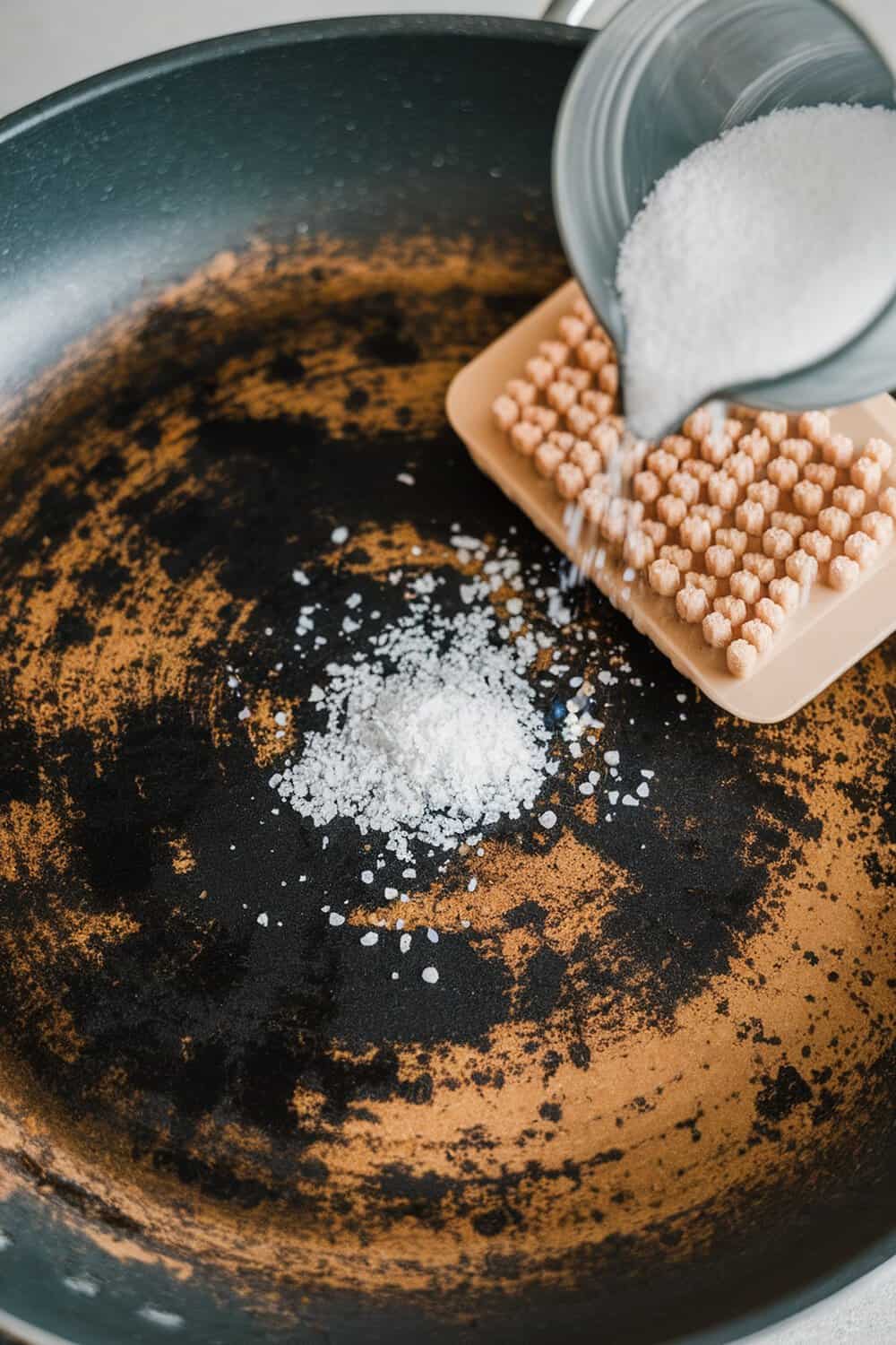 A close-up of a burnt pan with salt being poured onto it.