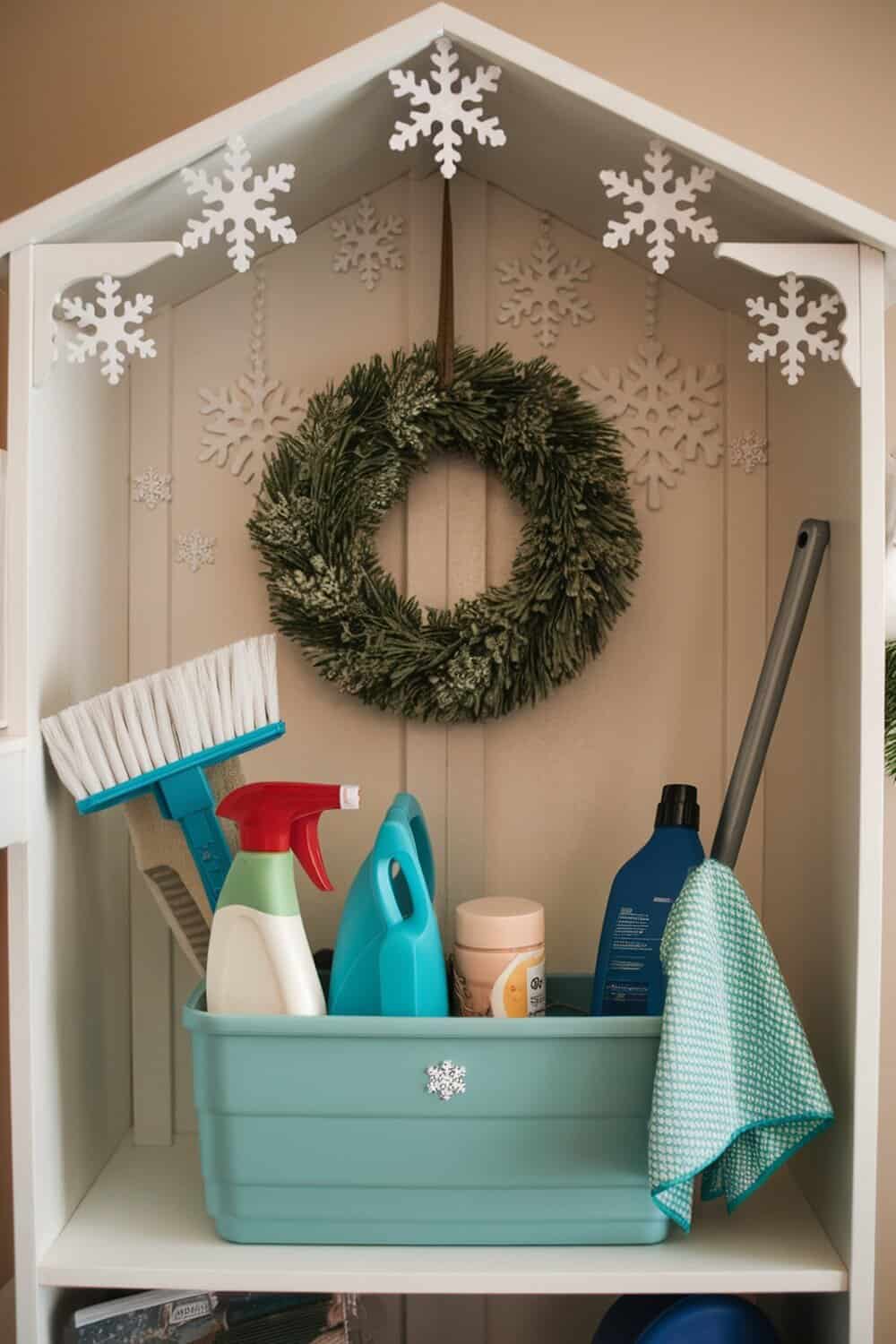 A cleaning caddy filled with cleaning supplies and a wreath, decorated with snowflakes.