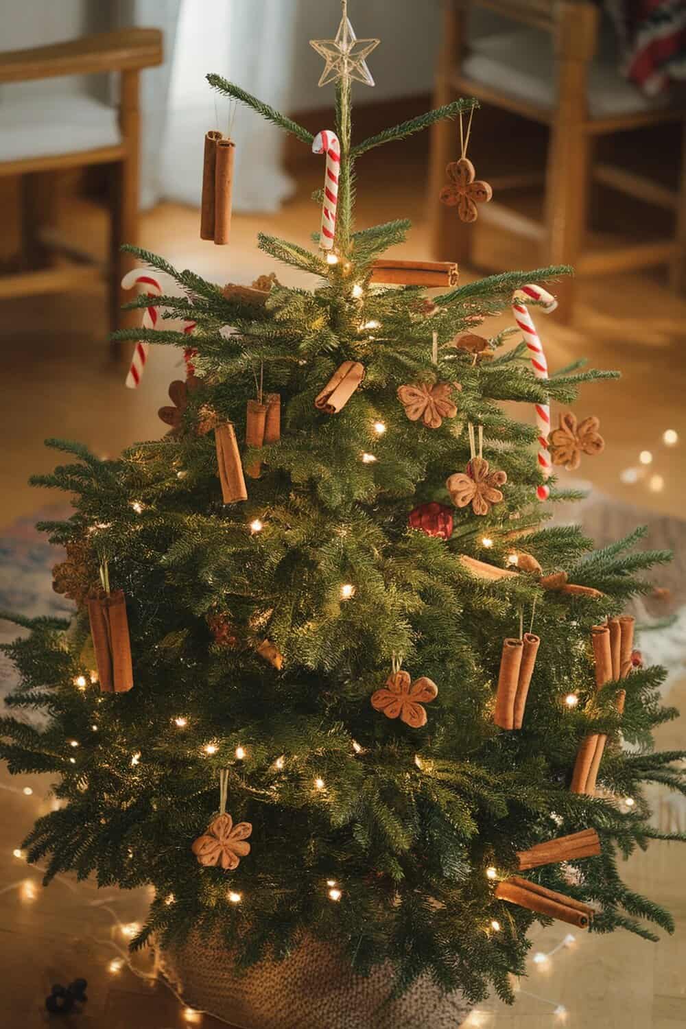 A decorated Christmas tree with cinnamon stick bundles and candy canes.