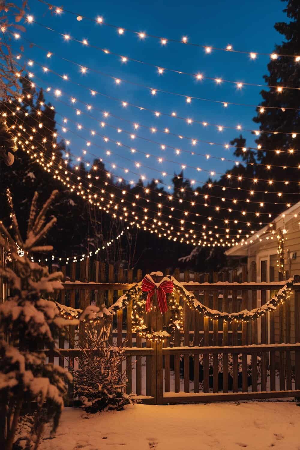 A beautiful outdoor space decorated with a canopy of Christmas lights, featuring a snowy background and festive wreath.