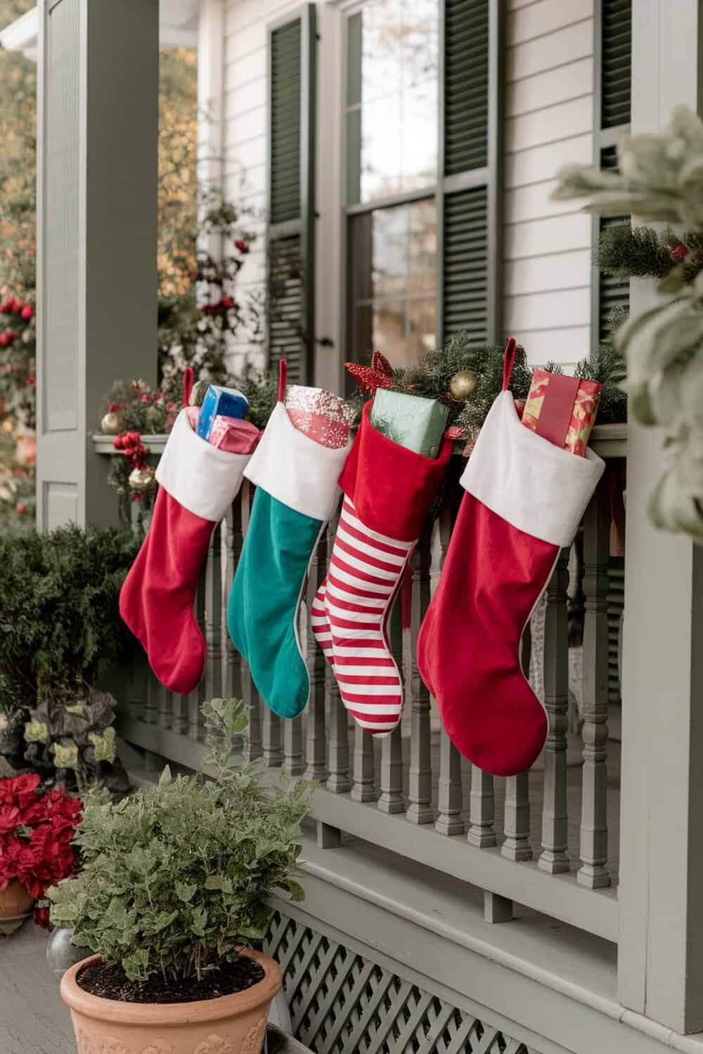 Four colorful giant Christmas stockings hanging on a porch railing, filled with wrapped gifts.