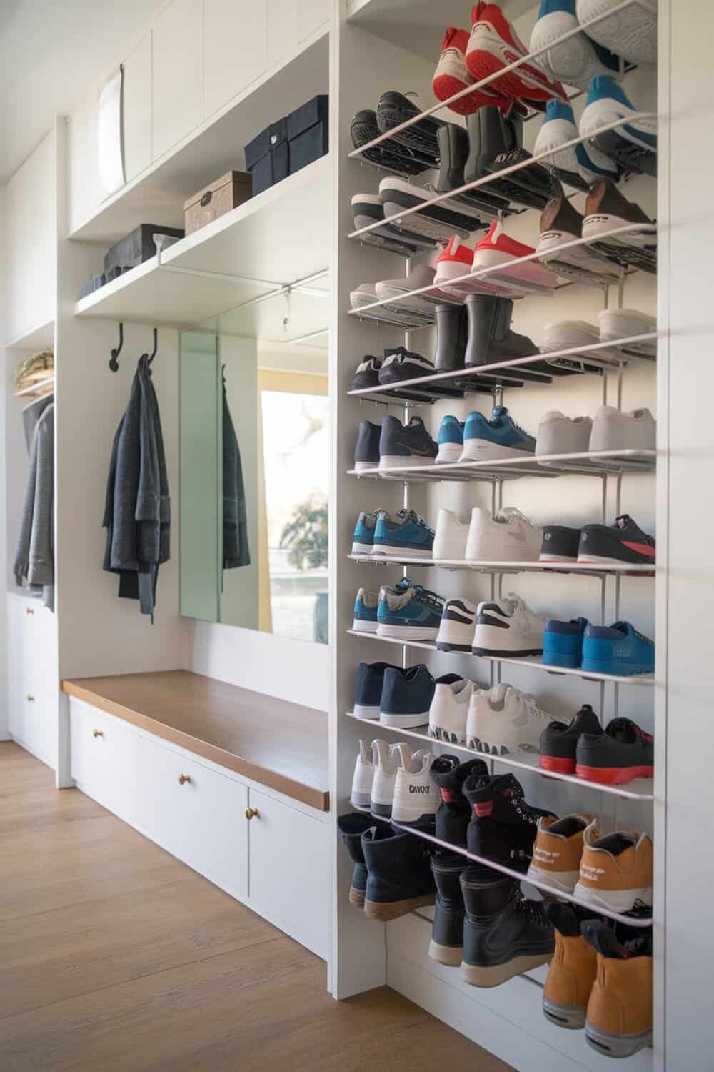 A modern mudroom featuring a vertical shoe rack with various shoes neatly arranged.